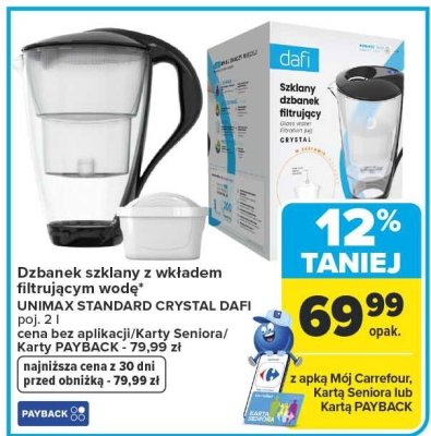 Dzbanek szklany z wkładem filtrującym wodę UNIMAX STANDARD/CRYSTAL DAFI poj. 2 l promocja w Carrefour