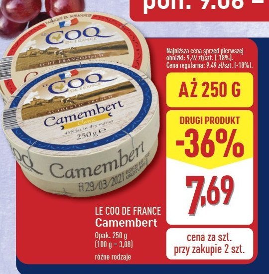 Ser camembert pikantny Le coq de france promocja w Aldi