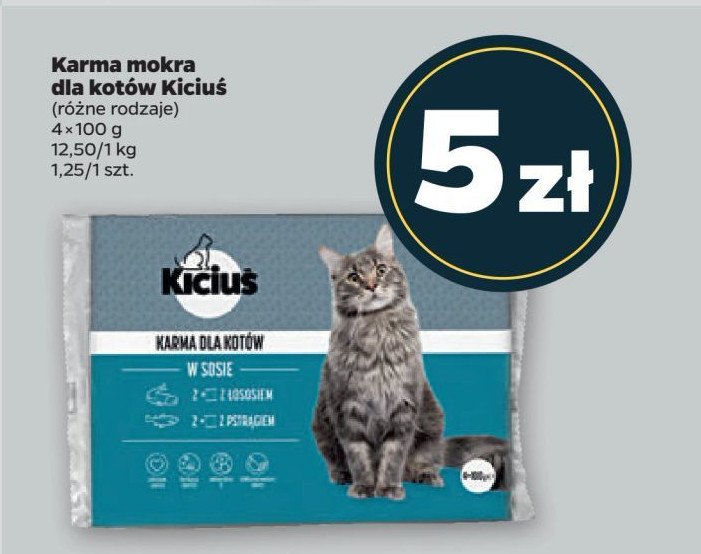 Karma dla kota z łososiem i pstrągiem Kiciuś promocja w Netto