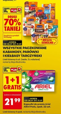 Wszystkie paczkowane kabanossy, parówki i kiełbasy Tarczyński promocja w Biedronka
