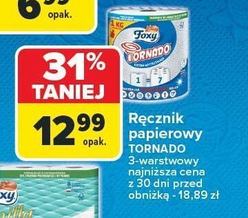 Ręcznik papierowy Foxy TORNADO 3 rolki 2-warstwowy najniższa cena z 30 dni przed obniżką - 18,89 zł promocja w Carrefour
