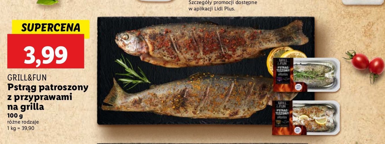 Pstrąg tęczowy patroszony z ziemniakami i tymiankiem Grill and fun promocja w Lidl