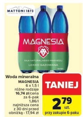 Woda mineralna Magnesia różne rodzaje 16.74 zł/cena za 6-pak promocja w Carrefour