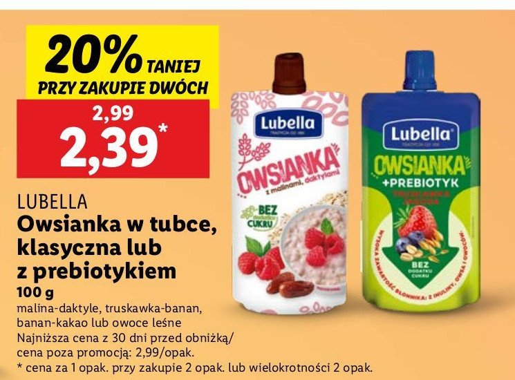 Owsianka+prebiotyk śliwka Lubella owsianka promocja w Lidl