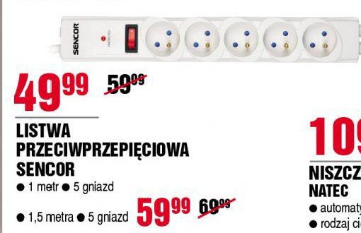 Listwa przeciwprzepi臋ciowa 1.5m 5 gniazd Sencor promocja