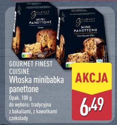 Włoska minibabka panettone GOURMET FINEST CUISINE tradycyjna, z bakaliami, z kawałkami czekolady promocja w Aldi