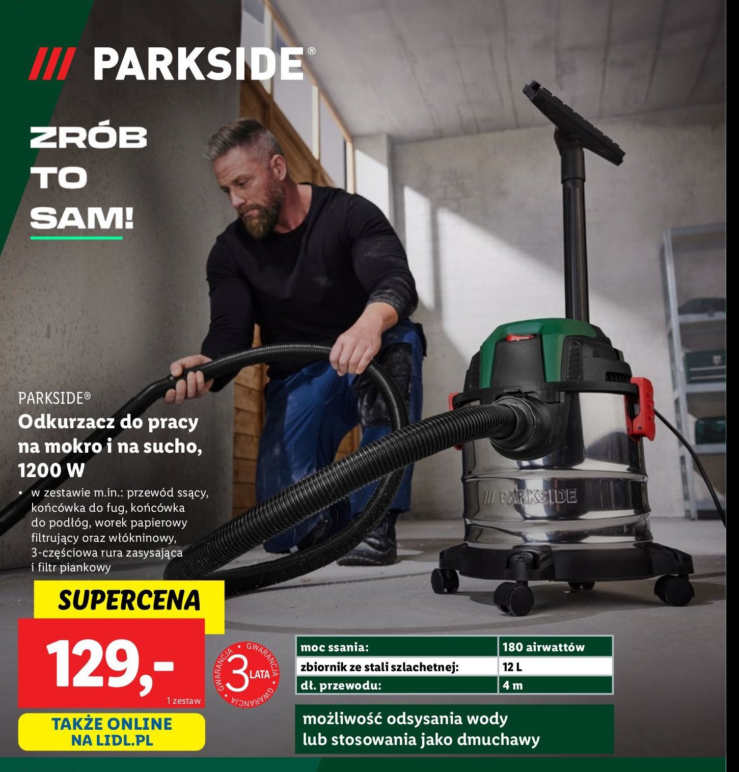 Odkurzacz do pracy na sucho i mokro 1200 w Parkside promocja w Lidl
