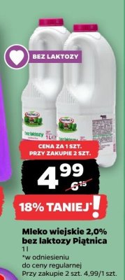 Mleko wiejskie 2,0% bez laktozy Piątnica promocja w Netto