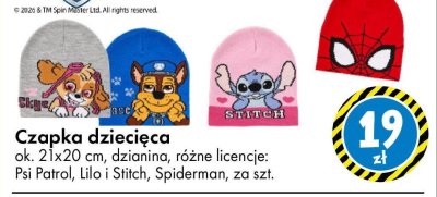 Czapka dziecięca ok. 21x20 cm, dzianina, różne licencje: Psi Patrol, Lilo i Stitch, Spiderman promocja w Tedi