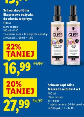 Maska do włosów 4 w 1 Schwarzkopf Gliss promocja w Lidl