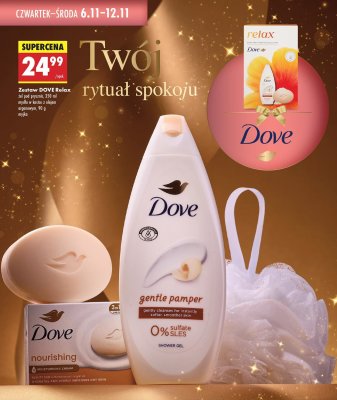 Zestaw DOVE Relax - żel pod prysznic 250ml, mydło w kostce z olejem arganowym 90g, myjka promocja w Biedronka