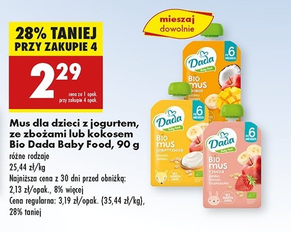 Mus jogurt + zboża jabłko-banan-truskawka Dada promocja w Biedronka