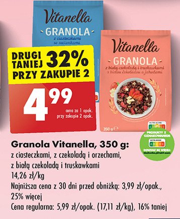 Granola z białą czekoladą i truskawkami Vitanella promocja w Biedronka