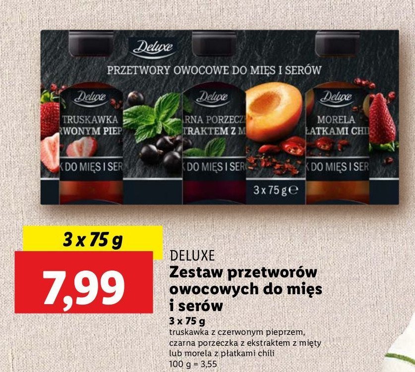 Zestaw konfitur morela z płatkami chilli + truskawka z czerwonym pieprzem + czarna porzeczka z ekstraktem z mięty Deluxe promocja