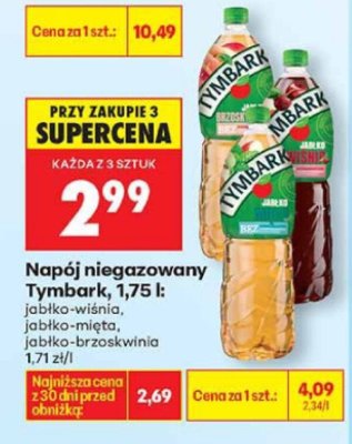 Napój niegazowany Tymbark 1,75l pomarańcza, jabłko-mięta, jabłko-brzoskwinia promocja w Biedronka