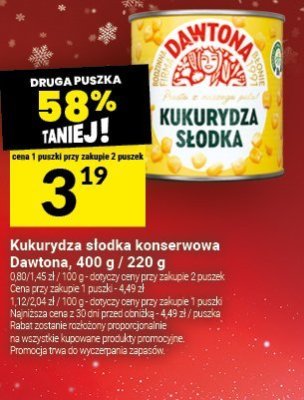 Kukurydza słodka konserwowa Dawtona, 340 g / 285 g promocja w Twój Market