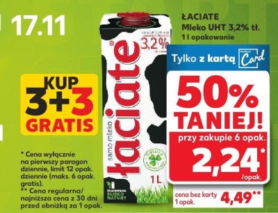Mleko Łaciate UHT 3,2% tł. 3+3 gratis promocja w Kaufland