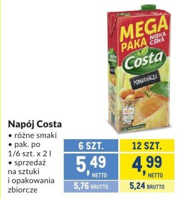 Napój Costa różne smaki promocja w Makro