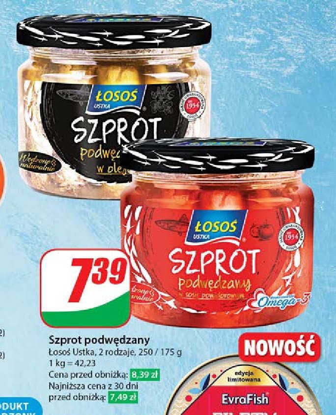 Szproty podwędzane w oleju Łosoś ustka promocja w Dino