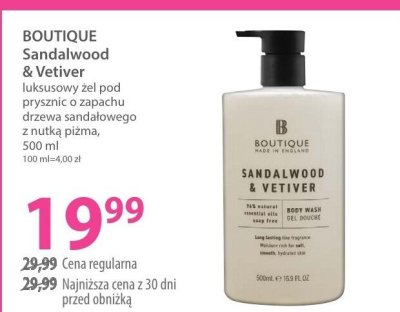 Żel pod prysznic BOUTIQUE Sandalwood & Vetiver luksusowy o zapachu drzewa sandalowego i trawy piżma promocja w Hebe