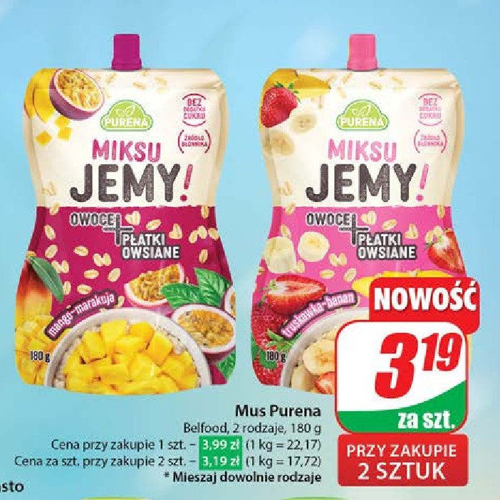 Mus mango-marakuja + płatki owsiane Purena miksu jemy! promocja w Dino