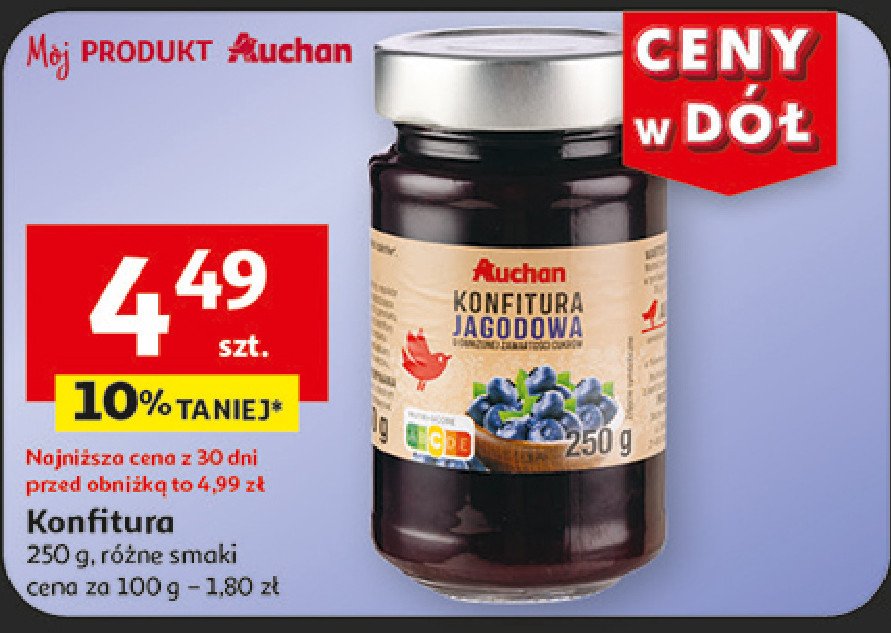 Konfitura jagodowa o obniżonej zawartości cukrów Auchan promocja