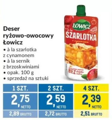 Deser ryżowo-owocowy Łowicz szarlotka z cynamonem, sernik z brzoskwiniami promocja w Makro