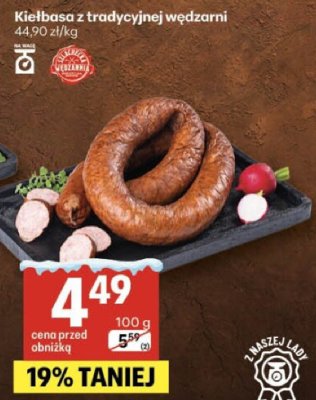 Kiełbasa z tradycyjnej wędzarni promocja w Delikatesy Centrum