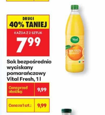 Sok bezpośrednio wyciskany pomarańczowy Vital Fresh 1l promocja w Biedronka