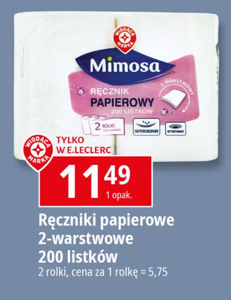 Ręcznik papierowy 200 listków 2 warstwy Wiodąca marka mimosa promocja w Leclerc