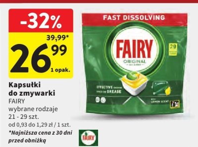 Kapsułki do zmywarki FAIRY wybrane rodzaje 21 - 29 szt. promocja w Intermarche