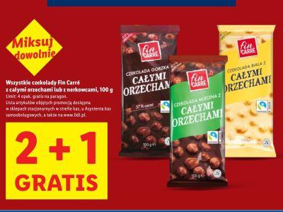 Czekolada Fin Carré Biała z całymi orzechami 2+1 gratis promocja w Lidl