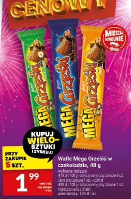 Wafle Mega Grzeski w czekoladzie, 48 g promocja w Twój Market
