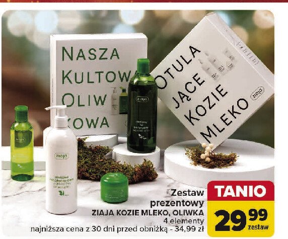 Zestaw w pudełku mydło pod prysznic 500 ml + mleczko do ciała 400 ml + krem do rąk 50 ml + krem do twarzy odżywczo-wygładzający 50 ml Ziaja kozie mleko promocja w Carrefour