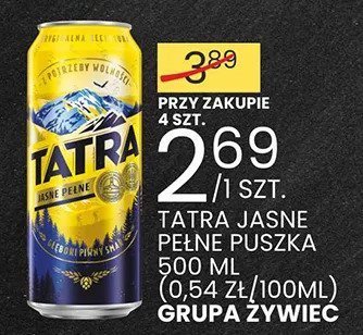 Piwo TATRA JASNE puszka 500 ml (0,54 ZŁ/100ML) GRUPA ŻYWIEC PRZY ZAKUPIE 4 SZT. promocja w Wafelek