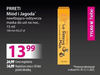 Maska nawilżająco-odżywcza PREETI Miód i Jagoda, do ust na noc, 100 ml promocja w Hebe