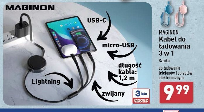 Kabel do ładowania 3w1 Maginon promocja w Aldi