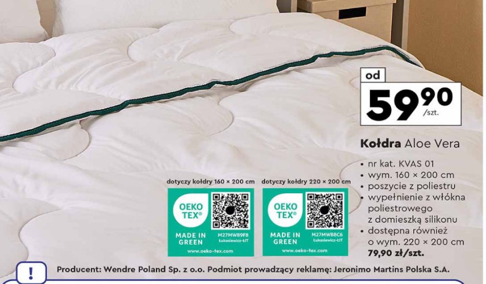 Kołdra aloe vera 160 x 200 cm Smukee home promocja w Biedronka