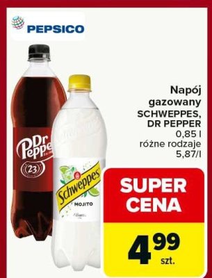 Napój gazowany SCHWEPPES, DR PEPPER różne rodzaje 0,85l promocja w Carrefour