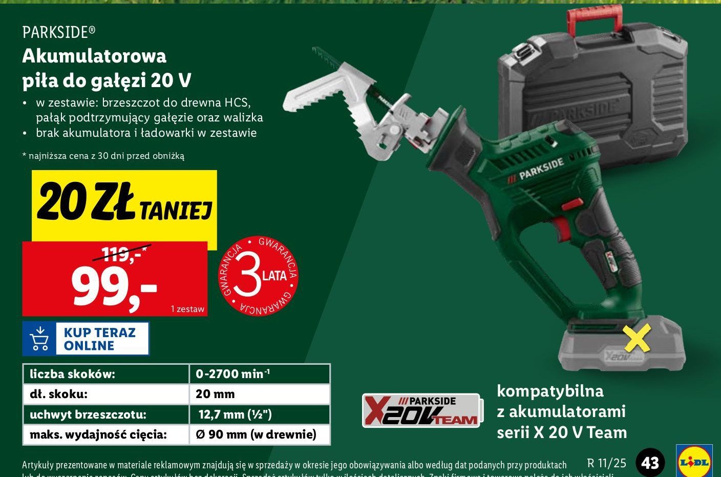 Piła akumulatorowa do gałęzi 20v Parkside promocja