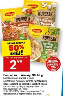 Pomysł na makaron Winiary, różne rodzaje (kotlety mielone, kurczak w sosie śmietanowo-ziołowym, kurczak z pieczarkami, leczo, spaghetti po bolońsku, spaghetti napoli) promocja w Twój Market