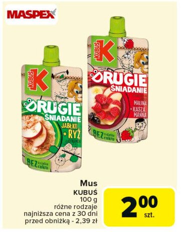 Mus jabłko + ryż i cynamon Kubuś drugie śniadanie promocja w Carrefour Market