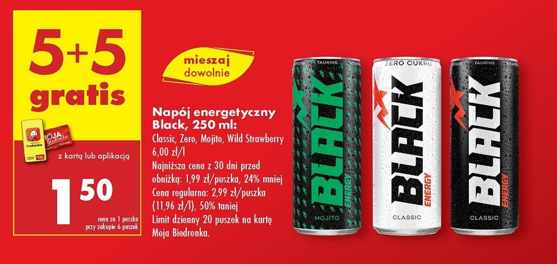 Napój energetyczny zero sugar Black energy promocja w Biedronka