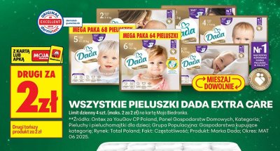 Wszystkie pieluchy Dada Extra Care DRUGIE ZA 2 ZŁ promocja w Biedronka