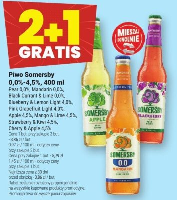 Piwo Somersby 0,0%-4,5%, 400 ml - Pear 0,0%, Mandarin 0,0%, Black Currant & Lime 0,0%, Blueberry & Lemon Light 4,0%, Pink Grapefruit Light 4,0%, Apple 4,5%, Mango & Lime 4,5%, Strawberry & Kiwi 4,5%, Watermelon 4,5% promocja w Twój Market