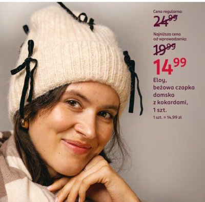 Czapka damska beżowa z kokardami Etoy promocja w Rossmann