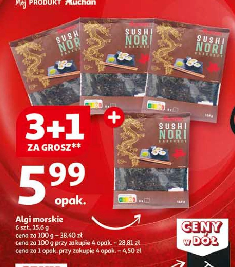 Algi morskie sushi nori Auchan różnorodne (logo czerwone) promocja w Auchan