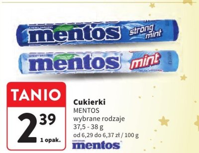 Cukierki MENTOS wybrane rodzaje, 37,5 - 38 g, od 6,29 do 6,37 zł / 100 g promocja w Intermarche
