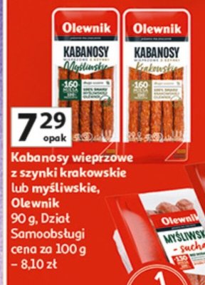 Kabanosy wieprzowe z szynki krakowskie lub myśliwskie Olewnik 90 g promocja w Auchan