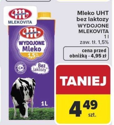 Mleko UHT bez laktozy Wydojone Mlekovita 1,5% promocja w Carrefour
